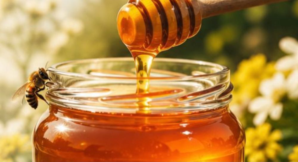 Kavanozdan süzülen altın renkli doğal bal